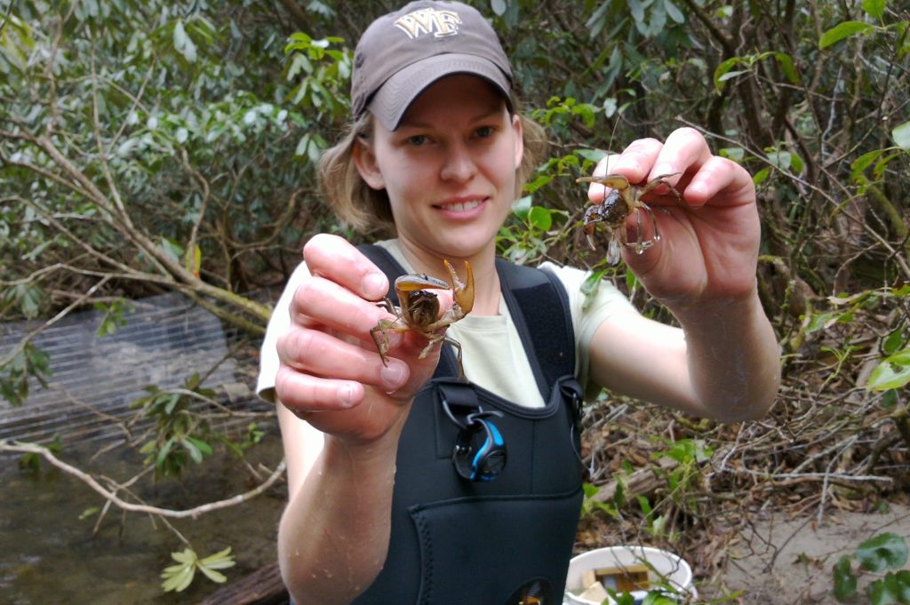 researcher holds invertebrates in each hand